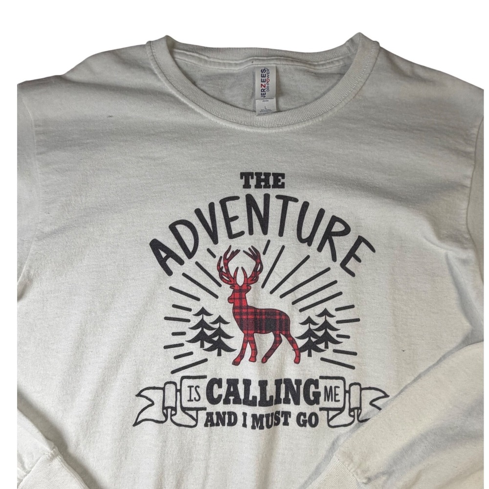 Jerzees Dri-Power Kids White Long Sleeve Adventure Calling Plaid Deer L J10